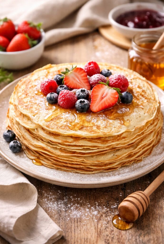 Crêpes faciles et inratables empilées sur une assiette avec fruits rouges et miel