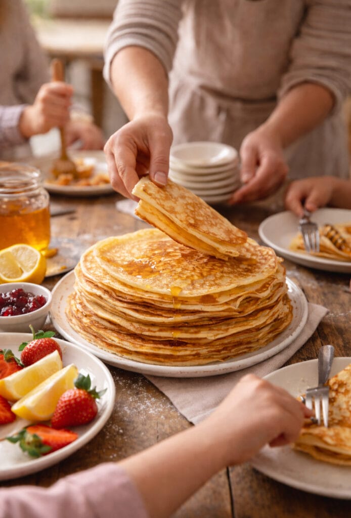 Pâte à crêpes maison servie sur une table familiale, crêpes dorées empilées prêtes à être dégustées