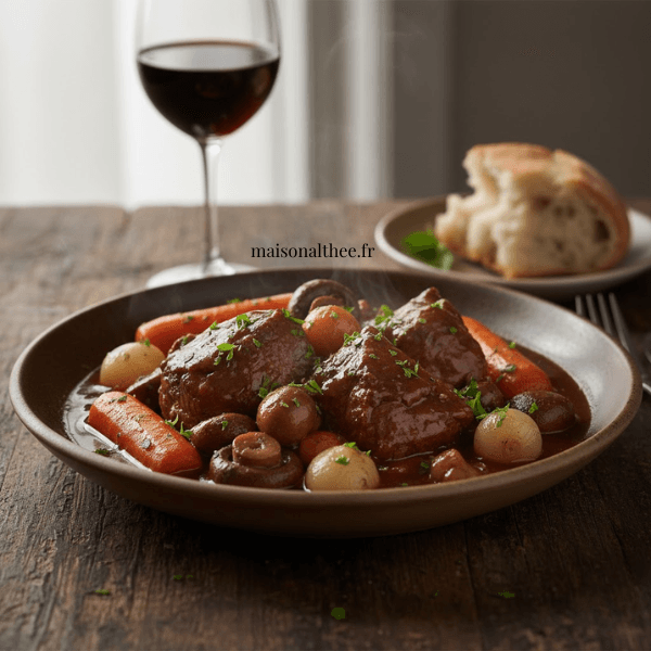 Boeuf mijoté fondant en sauce avec légumes servi dans une assiette rustique