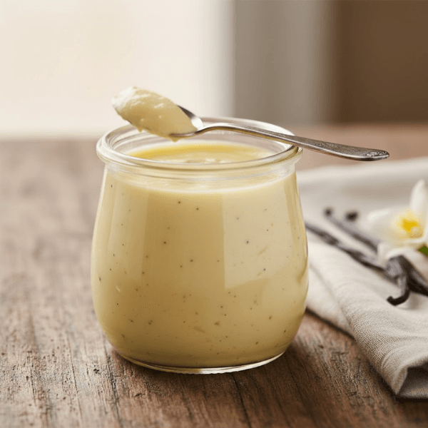 Crème vanille de mamie onctueuse dans un pot en verre avec gousse de vanille