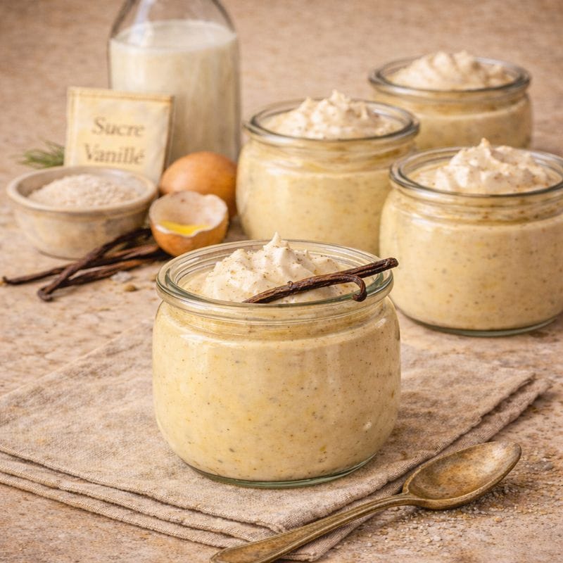 Crème dessert vanille façon grand mere maison servie en verrines, dessert traditionnel onctueux