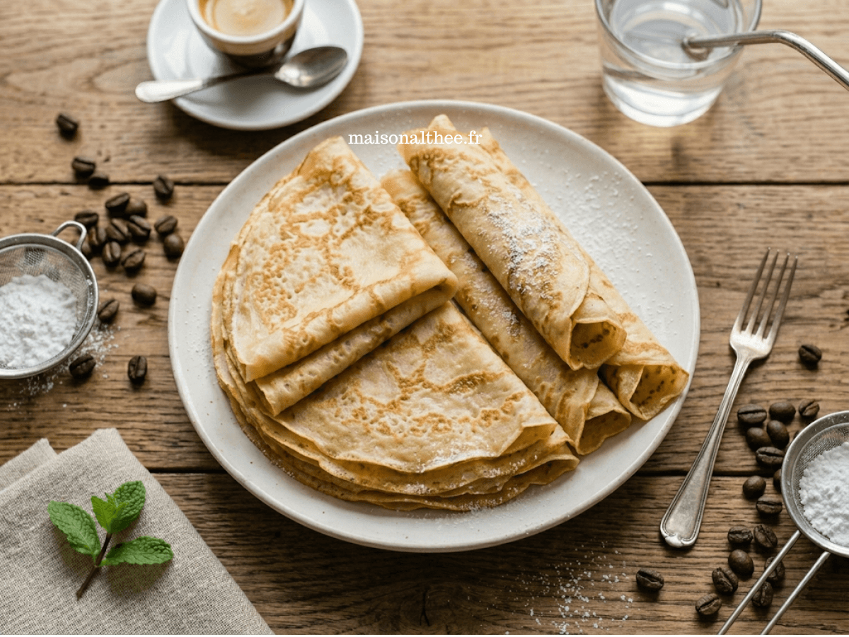 Pâte à crêpes maison avec pile de crêpes dorées fines et moelleuses