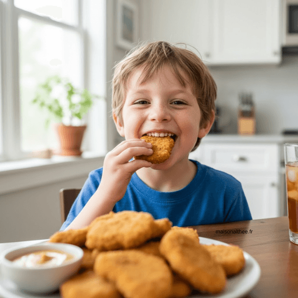 Enfant souriant en train de manger des nuggets maison croustillants, servis avec une sauce, autour d’une table familiale lumineuse.