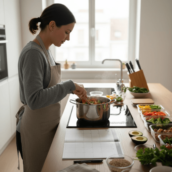 Préparation batch cooking en cuisine avec planification des repas de la semaine et légumes prêts à cuisiner
