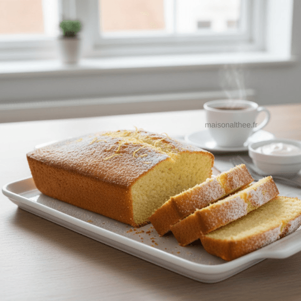 Gâteau au yaourt moelleux maison coupé en tranches sur un plat de service