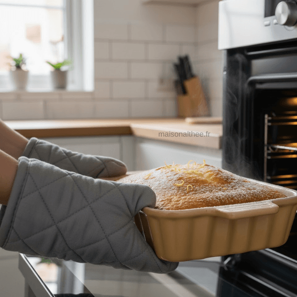 Gâteau au yaourt moelleux sortant du four dans un moule à gâteau en cuisine
