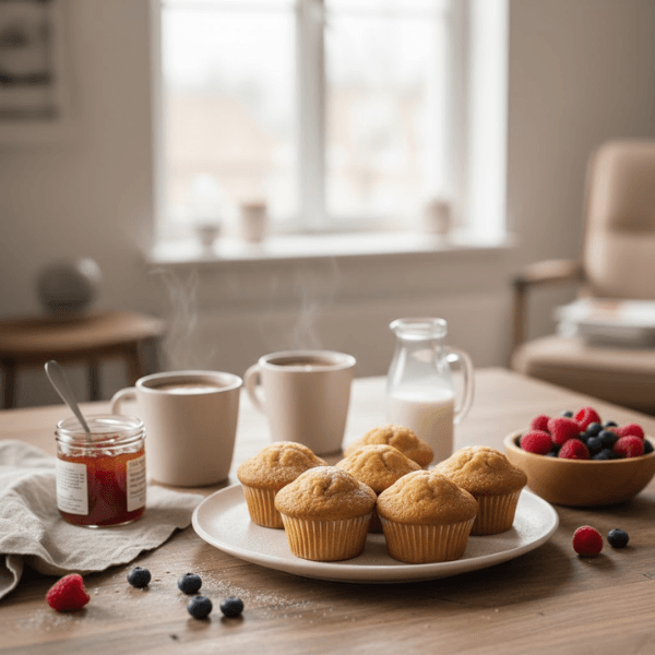 Muffins nature maison dorés, moelleux et simples, servis pour le goûter avec lait et fruits, dans une ambiance chaleureuse et familiale.