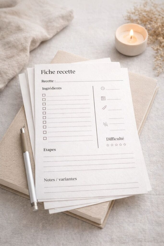 Fiches recettes à remplir – support Maison Althee pour conserver et transmettre ses recettes