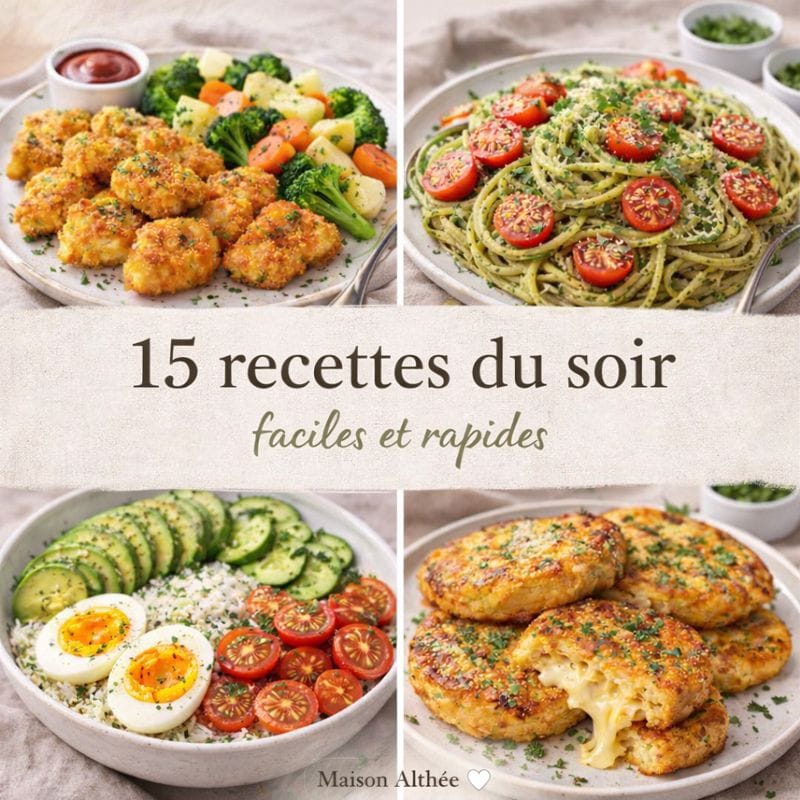 Image de 15 recettes du soir faciles et rapides pour toute la famille avec nuggets maison, pâtes au pesto, bol riz œufs avocat et galettes de pommes de terre au fromage