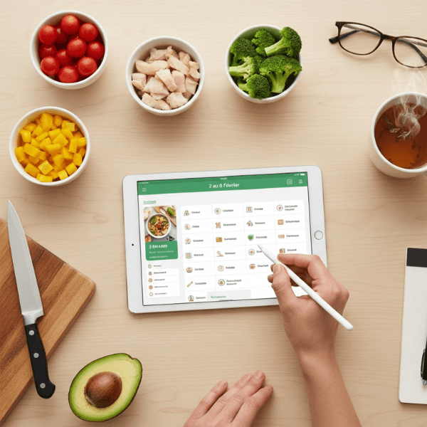 Planning menu de la semaine sur tablette avec ingrédients et préparation des repas