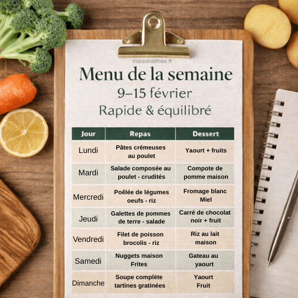 Menu de la semaine du 9 au 15 février avec planning repas rapide et équilibré en tableau