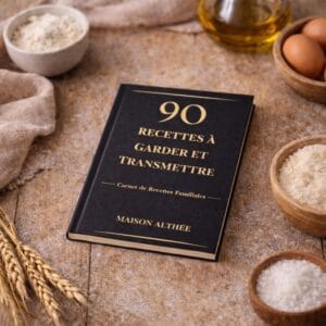Carnet de recettes à garder et transmettre Maison Althée, couverture noire et dorée