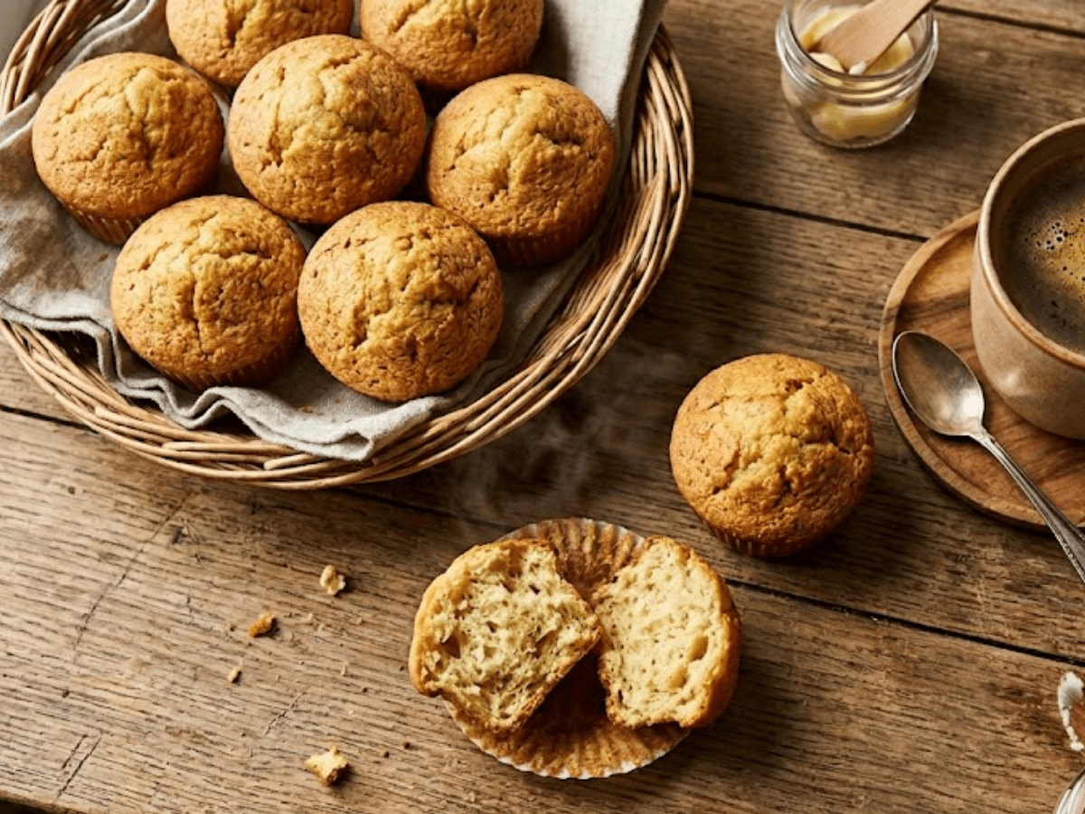 Muffins nature moelleux dorés fraîchement sortis du four dans un panier