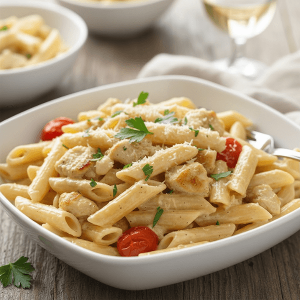 Pâtes crémeuses au poulet faciles et rapides servies dans une assiette, recette du soir Maison Althee