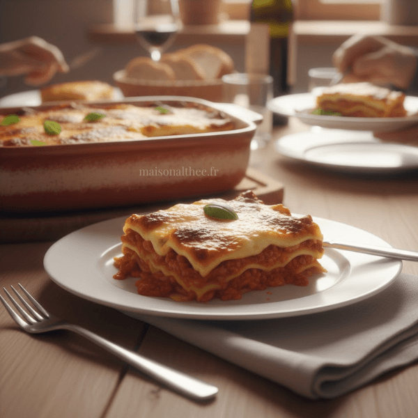 Part de lasagnes maison gratinées servie dans une assiette — recette familiale traditionnelle