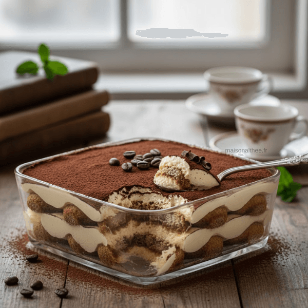 Tiramisu maison traditionnel dans un plat familial avec couches de mascarpone, biscuits imbibés de café et cacao