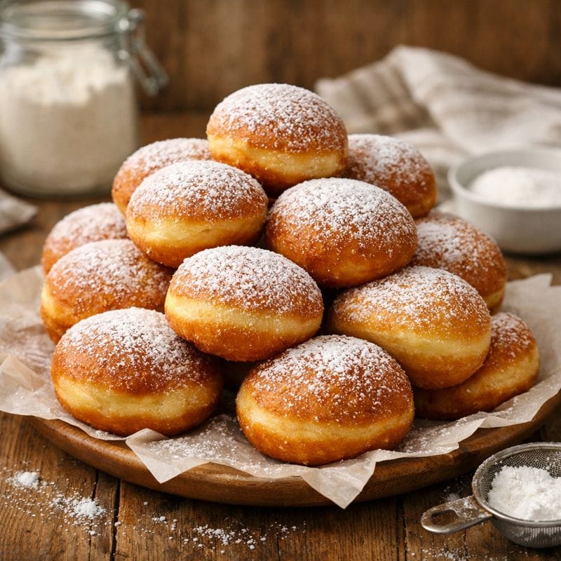 Pile de beignets de carnaval maison saupoudrés de sucre glace