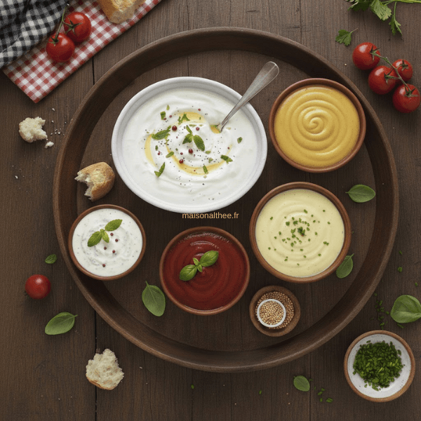 Un plateau en bois rustique vu de haut présentant 5 bols de sauces maison colorées (ketchup, moutarde-miel, crème aux herbes, sauce fromage et yaourt) entouré de tomates cerises et de fines herbes.
