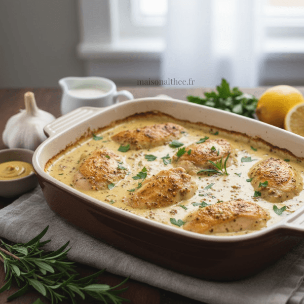 Poulet crème moutarde facile au four dans un plat avec sauce crémeuse dorée