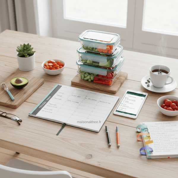 Organisation des repas de la semaine avec planning, carnet et boîtes de préparation batch cooking