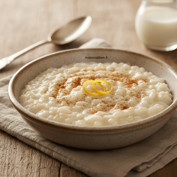Riz au lait maison crémeux recette de grand-mère servi dans un bol en céramique