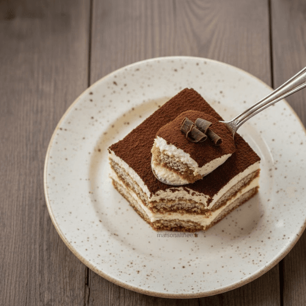 Tiramisu maison crémeux en plat familial avec couches de biscuits au café et mascarpone saupoudré de cacao
