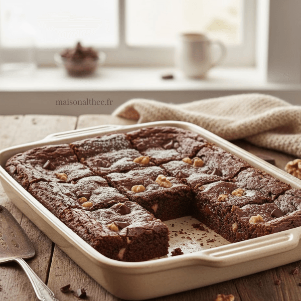 Brownies de mamie ultra-fondants au chocolat découpés en carrés dans un moule