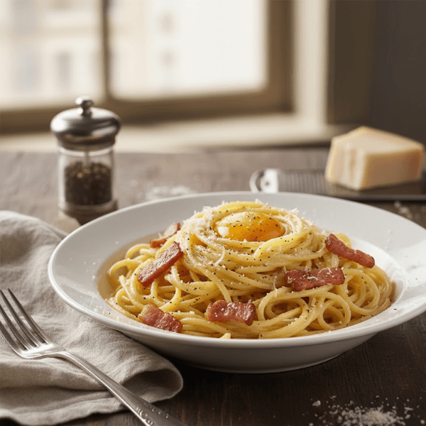 Carbonara maison facile crémeuse avec lardons et parmesan dans une assiette