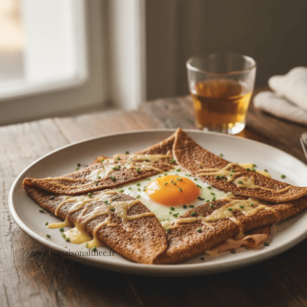 Crêpe salée avec un œuf miroir, du fromage fondu et du jambon sur une table en bois rustique.