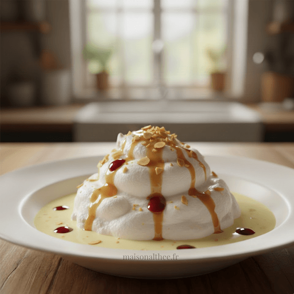 Île flottante de mamie avec blancs en neige pochés sur crème anglaise nappée de caramel
