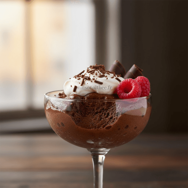 Mousse chocolat de mamie aérienne dans une verrine avec chantilly et fraise