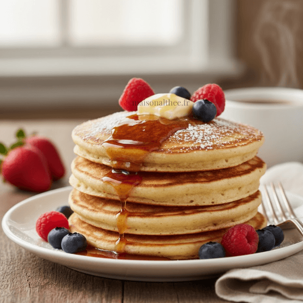 Pancakes moelleux maison empilés avec sirop d'érable et fruits rouges