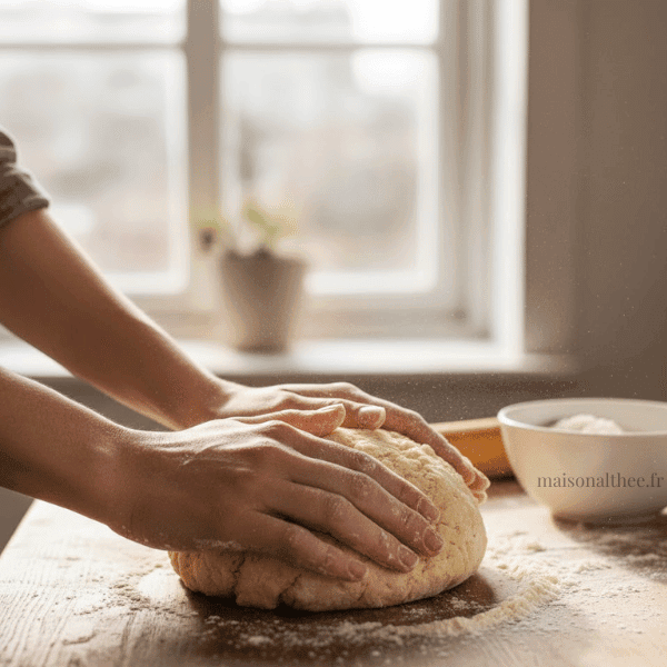 Pétrir une pâte brisée maison à la main sur un plan de travail fariné
