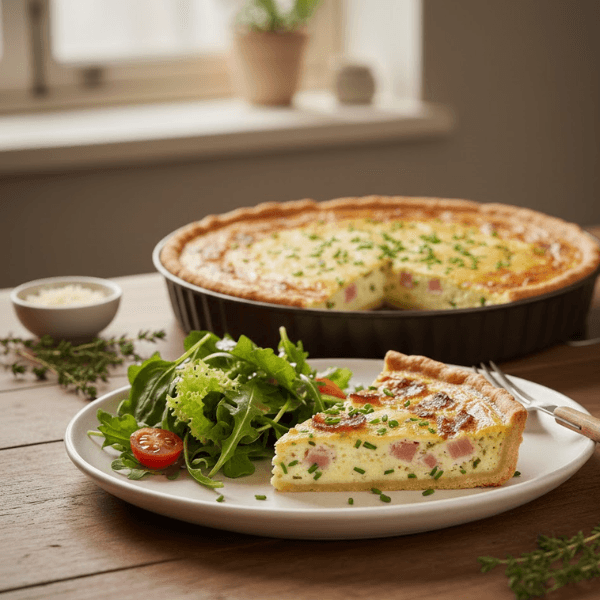 Quiche lorraine de mamie savoureuse et crémeuse servie avec une salade verte