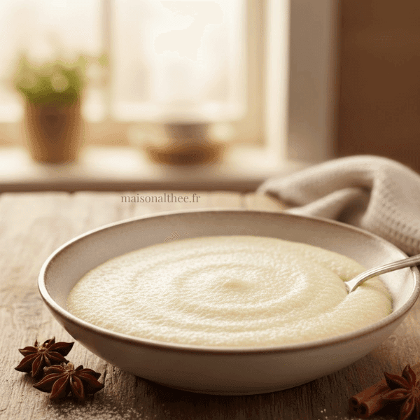 Semoule au lait maison onctueuse servie dans un bol, texture crémeuse et dessert familial