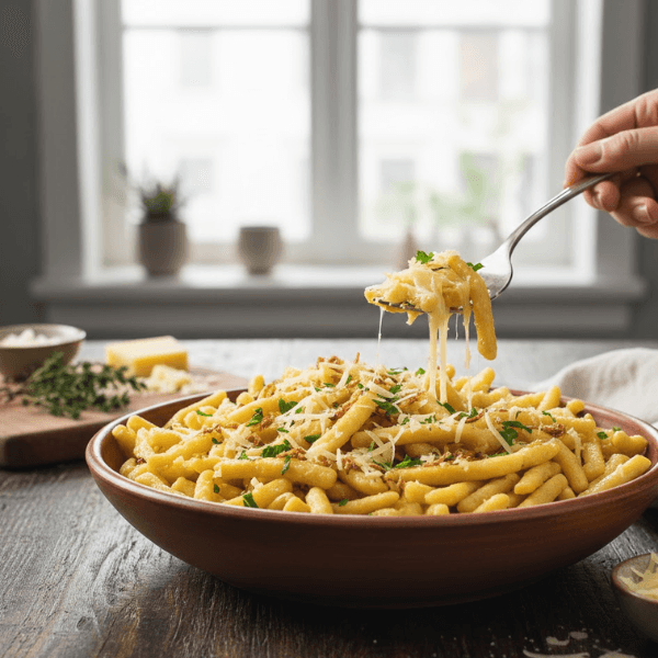 Spätzle maison faciles alsaciennes dans un plat avec fromage fondu gratiné