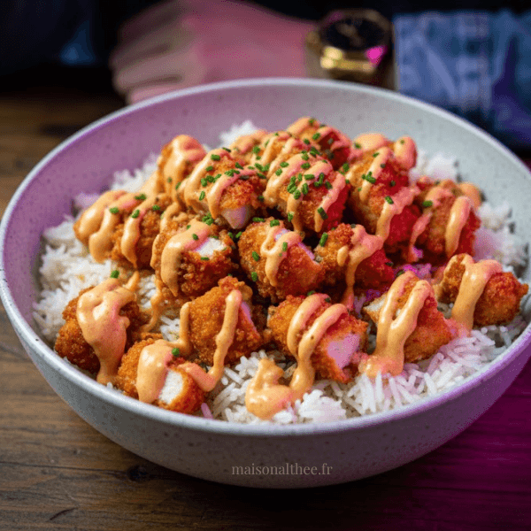Tasty Crousty maison avec poulet croustillant, riz et sauce blanche crémeuse dans un bol