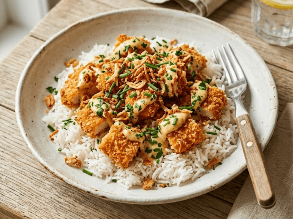Tasty Crousty maison avec poulet croustillant doré, riz blanc et sauce crémeuse