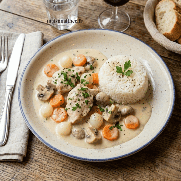 Blanquette dinde légère crémeuse avec riz blanc et légumes dans une assiette
