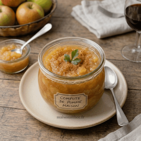 Compote pommes maison naturelle dans un pot en verre avec cuillère
