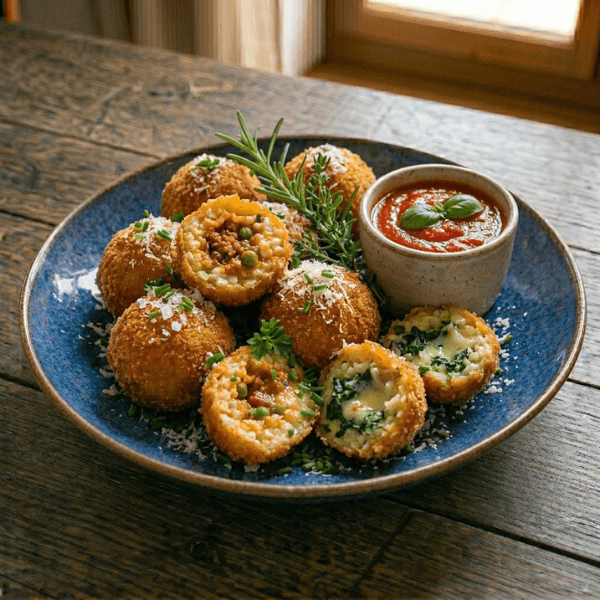 Arancini maison faciles dorés et croustillants dans une assiette bleue