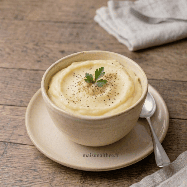 Purée maison onctueuse crémeuse dans un bol avec noisette de beurre
