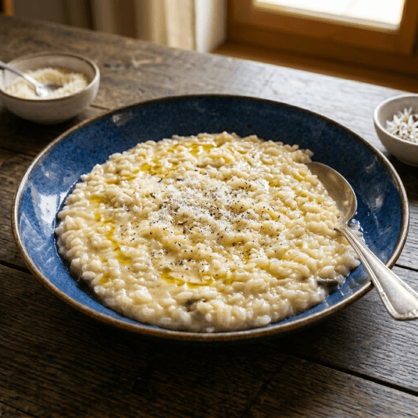 Risotto crémeux facile onctueux dans une poêle bleue sur table bois