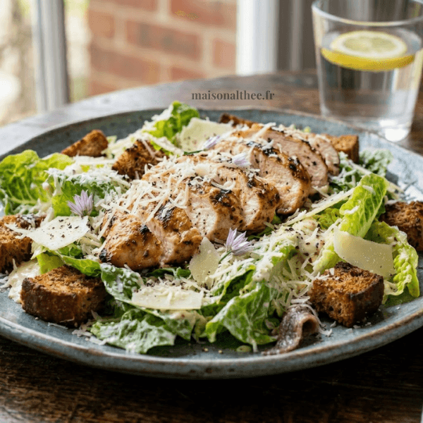 Salade césar maison avec poulet grillé, croûtons et parmesan sur assiette