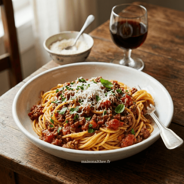 Spaghetti bolognaise maison avec sauce généreuse dans une assiette