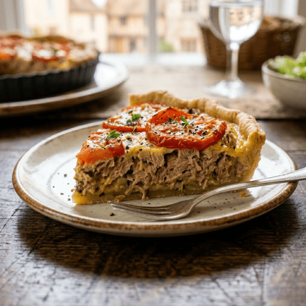 Tarte thon tomate moutarde dorée et généreuse sortant du four