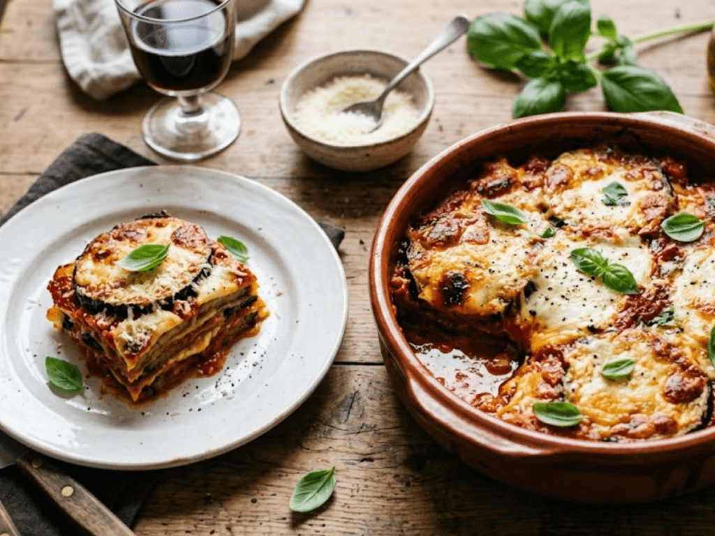 Aubergines à la parmigiana gratinées avec sauce tomate et fromages fondus