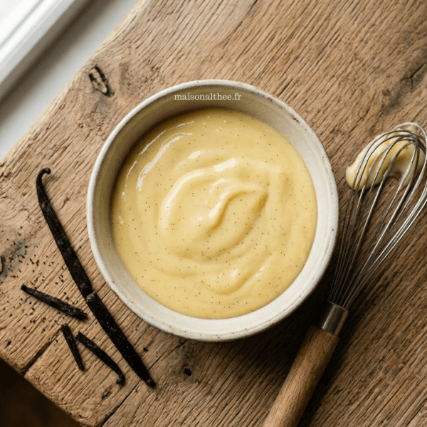 Crème pâtissière maison facile onctueuse et vanillée dans un bol avec gousse de vanille