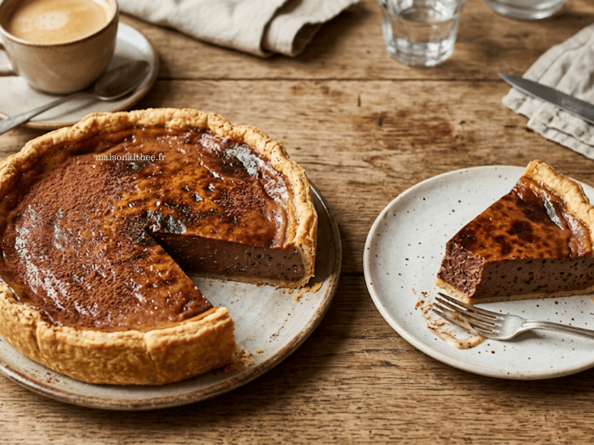 Flan pâtissier au chocolat avec croûte dorée et cœur crémeux chocolaté