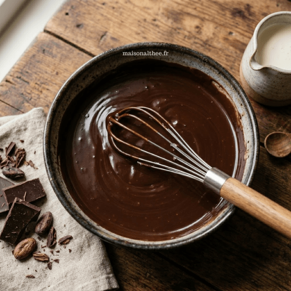Ganache chocolat facile onctueuse et brillante dans un bol avec fouet